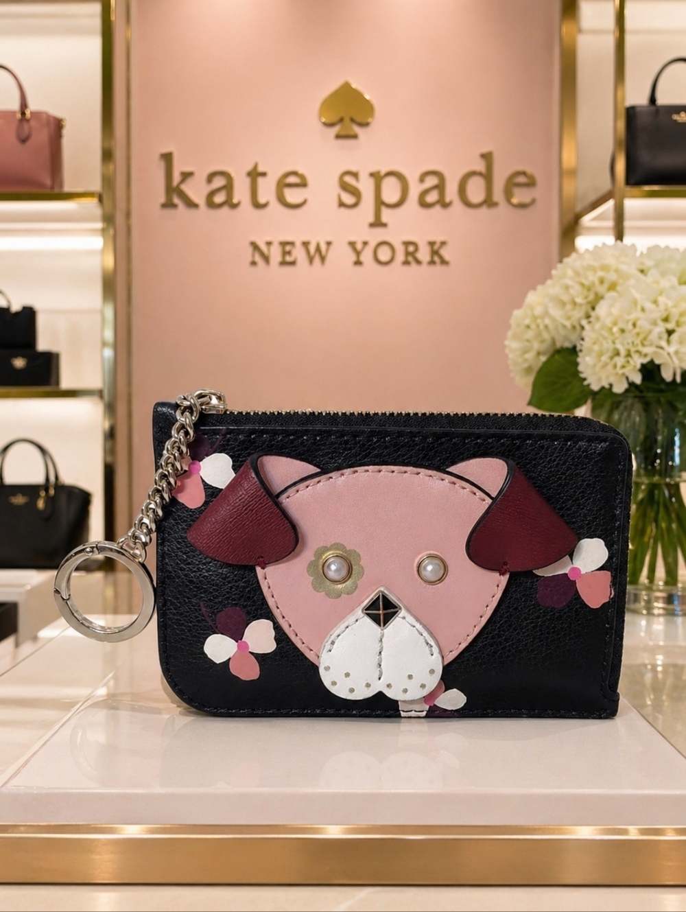 Kate Spade Floral Pup Keychain Coin Purse Card Holder